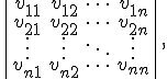 \small
\begin{vmatrix}
v_{11} & v_{12} & \cdots & v_{1n} \\
v_{21} & v_{22} & \cdots & v_{2n} \\
\vdots & \vdots & \ddots & \vdots \\
v_{n1} & v_{n2} & \cdots & v_{nn}
\end{vmatrix},
