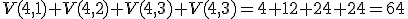 \small V(4,1)+V(4,2)+V(4,3)+V(4,3) = 4 + 12 + 24 + 24 = 64