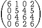  \small \left(\begin{matrix} 6 & 1 & 0 & 2 \\ 0 & 5 & 4 & 5 \\ 0 & 4 & 6 & 4 \\ 0 & 6 & 2 & 6 \end{matrix}\right)