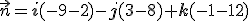 \small \vec{n} = \mathbf{i}(-9 - 2) - \mathbf{j}(3 - 8) + \mathbf{k}(-1 - 12)