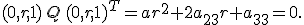 \small (0,r,1)\,Q\,(0,r,1)^T= a r^2 + 2 a_{23} r + a_{33} = 0.