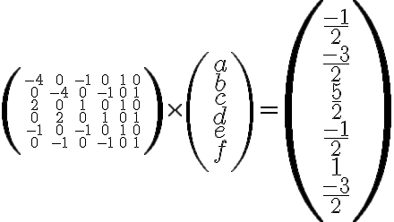  \left(\small \begin{matrix} -4 & 0 & -1 & 0 & 1 & 0 \\ 0 & -4 & 0 & -1 & 0 & 1 \\ 2 & 0 & 1 & 0 & 1 & 0 \\ 0 & 2 & 0 & 1 & 0 & 1 \\ -1 & 0 & -1 & 0 & 1 & 0 \\ 0 & -1 & 0 & -1 & 0 & 1 \end{matrix}\right) \times \left(\begin{matrix} a \\ b \\ c \\ d \\ e \\ f \end{matrix}\right)= \left(\begin{matrix} \frac{-1}{2} \\ \frac{-3}{2} \\ \frac{5}{2} \\ \frac{-1}{2} \\ 1 \\ \frac{-3}{2} \end{matrix}\right) 