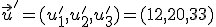 \small \vec u'=(u'_1,u'_2,u'_3) =(12, 20, 33) 