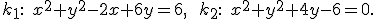 \small k_1:\; x^2 + y^2 - 2x + 6y = 6,\qquad k_2:\; x^2 + y^2 + 4y - 6 = 0. 