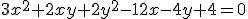 \small 3x^2 + 2xy + 2y^2 - 12x - 4y + 4 = 0