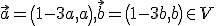 \small \vec {a}=\left(1-3a,a\right), \vec{ b}=\left( 1-3b,b\right) \in V 