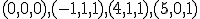 \small (0, 0, 0), (-1, 1, 1), (4, 1, 1) , (5,0, 1)