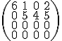  \small \left(\begin{matrix} 6 & 1 & 0 & 2 \\ 0 & 5 & 4 & 5 \\ 0 & 0 & 0 & 0 \\ 0 & 0 & 0 & 0 \end{matrix}\right)