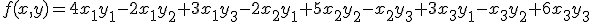 \small f(x,y)=4 x_1 y_1 - 2 x_1 y_2 + 3 x_1 y_3 - 2 x_2 y_1 + 5 x_2 y_2 - x_2 y_3 + 3 x_3 y_1 - x_3 y_2 + 6 x_3 y_3
