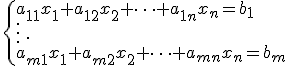 \small \begin{cases} a_{11}x_1 + a_{12}x_2 + \dots + a_{1n}x_n = b_1 \\ \vdots \\ a_{m1}x_1 + a_{m2}x_2+ \dots + a_{mn}x_n = b_m \end{cases} .