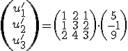 \small \left(\begin{array}{ccc}u'_1\\u'_2\\u'_3\end{array}\right)= \left(\begin{array}{ccc} 1&2&1 \\ 1&3&2 \\ 2&4&3\end{array}\right)  \cdot \left(\begin{array}{ccc} 5 \\ -1 \\ 9 \end{array}\right) 