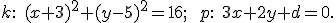 \small k:\; (x+3)^2 + (y-5)^2 = 16; \qquad p:\; 3x + 2y + d = 0. 