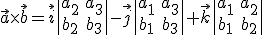 \small \vec{a} \times \vec{b} = \vec{i} \begin{vmatrix} a_2 & a_3 \\ b_2 & b_3 \end{vmatrix}
- \vec{j} \begin{vmatrix} a_1 & a_3 \\ b_1 & b_3 \end{vmatrix}
+ \vec{k} \begin{vmatrix} a_1 & a_2 \\ b_1 & b_2 \end{vmatrix}