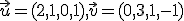 \small \vec{u} = (2,1,0,1), \vec{v} = (0,3,1,-1)