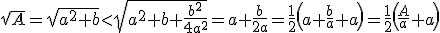  \small \sqrt{A}=  \sqrt{{a^2} + b } \lt\sqrt{{a^2} + b + \frac{b^2}{4a^2}}=a+\frac{b}{2a}=\frac{1}{2}\left(a+\frac{b}{a}+a\right)=\frac{1}{2}\left(\frac{A}{a}+a\right) 