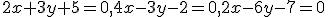 \small 2x + 3y + 5 = 0, 4x-3y-2 = 0,2x-6y-7 = 0 