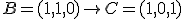  \small B = (1, 1, 0)\rightarrow C = (1, 0, 1) 