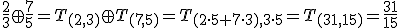 \small \frac{2}{3} \oplus \frac{7}{5}=T_{(2,3)} \oplus T_{(7,5)}=T_{(2 \cdot 5 + 7 \cdot 3), 3 \cdot 5}=T_{(31,15)}=\frac{31}{15} 