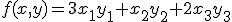 \small f(x,y)=3x_1y_1+x_2y_2+2x_3y_3 